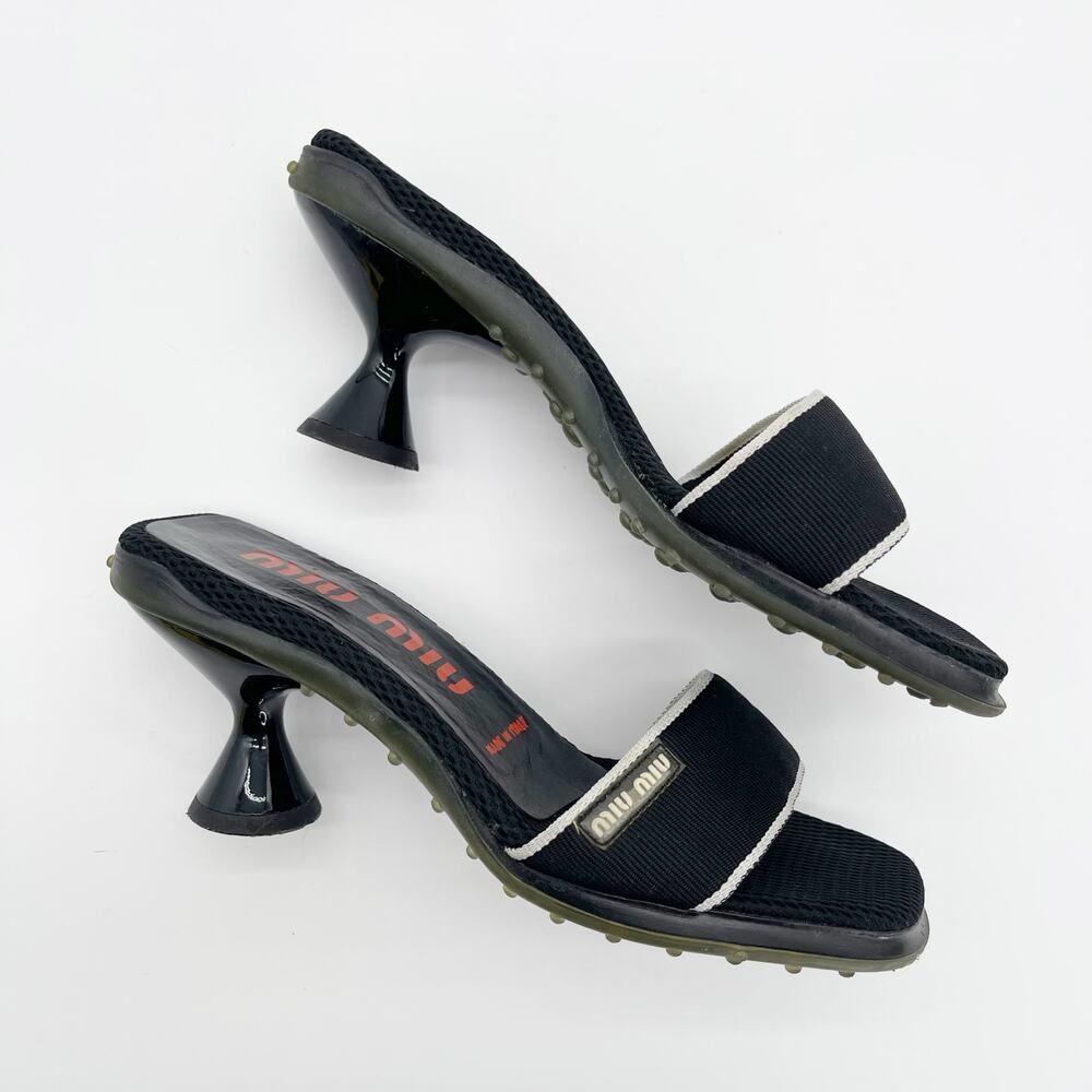 Miu Miu 90s y2k Black Mesh Logo Bubble Sole Kitten Heel Mules Slides IT 36.5 - Picture 4 of 12